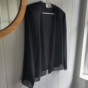 J Taylor sheer open jacket in black, crystal decorations on collar & lapel SZ L